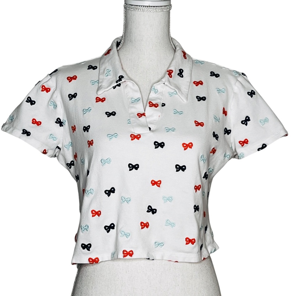 Maeve by Anthropologie White Embroidered Bows Polo Shirt Cropped Womens Size L